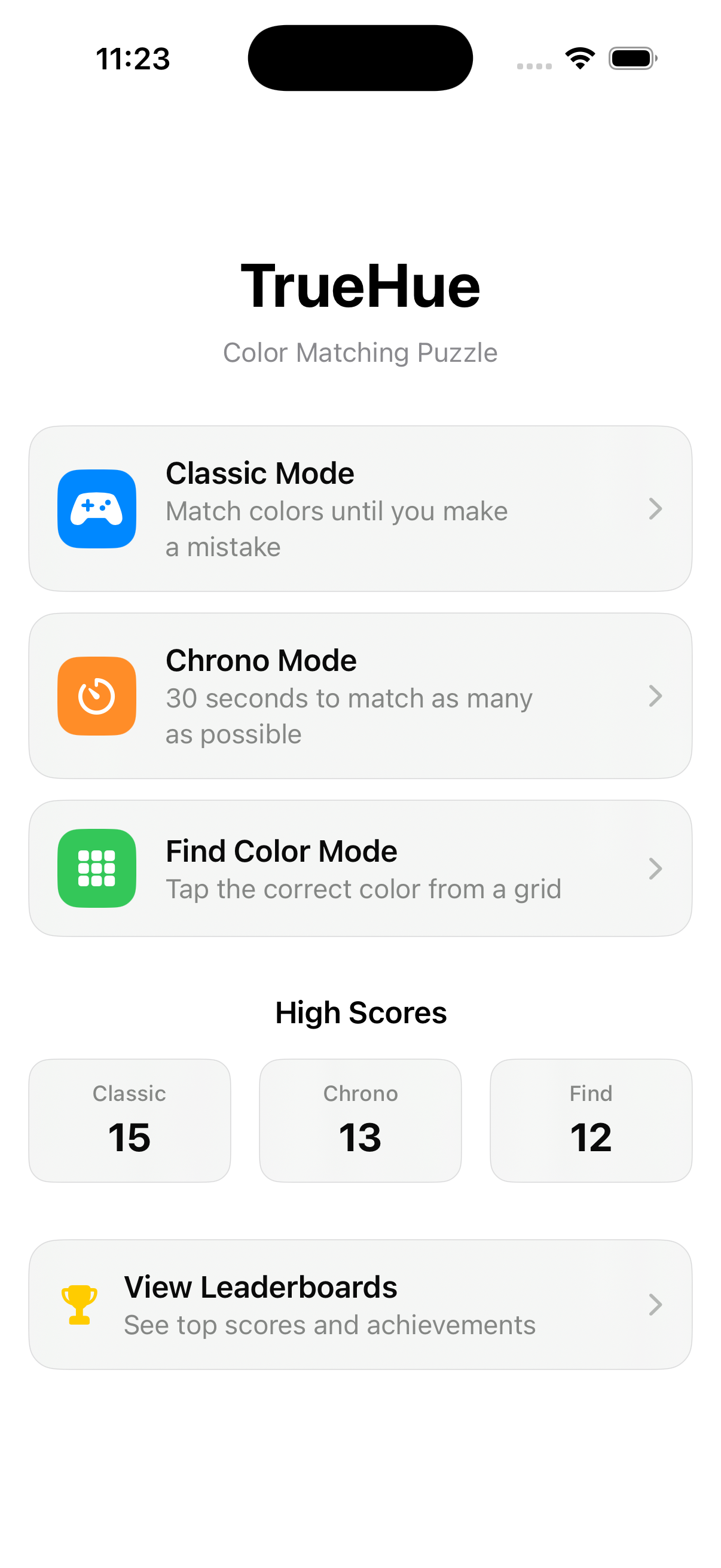 TrueHue Classic Mode gameplay showing color matching challenge